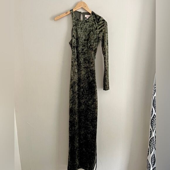 CAMILA COELHO Green Velvet One Shoulder Cutout Lace-Up Maxi Gown party dress XS - Picture 4 of 14